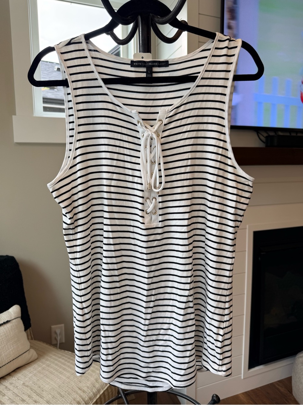 White House Black Market White and Black Striped Lace-Up Tank Cover-Up